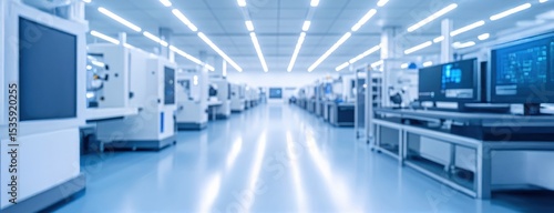 Clean high-tech factory interior with advanced equipment illustrating automation, robotics, and digital transformation in manufacturing