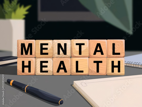 Mental Health Concept with Wooden Blocks on Desk