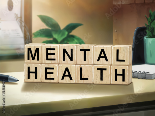 Mental Health Concept with Wooden Blocks on Desk