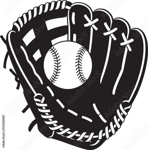 Baseball glove catching a ball in a black and white vector illustration