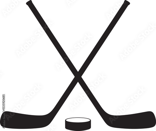 Black and white illustration of crossed hockey sticks with a puck on a white background