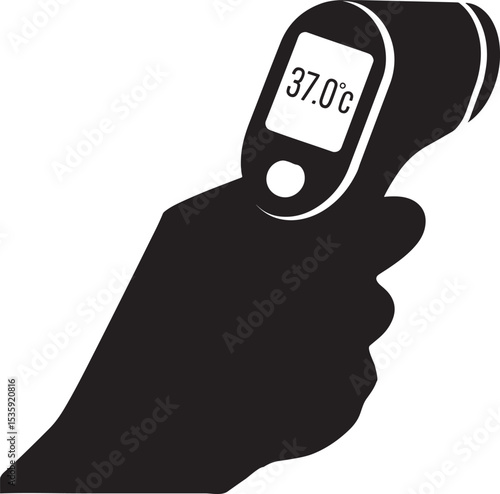 Black silhouette of an infrared thermometer displaying a normal body temperature