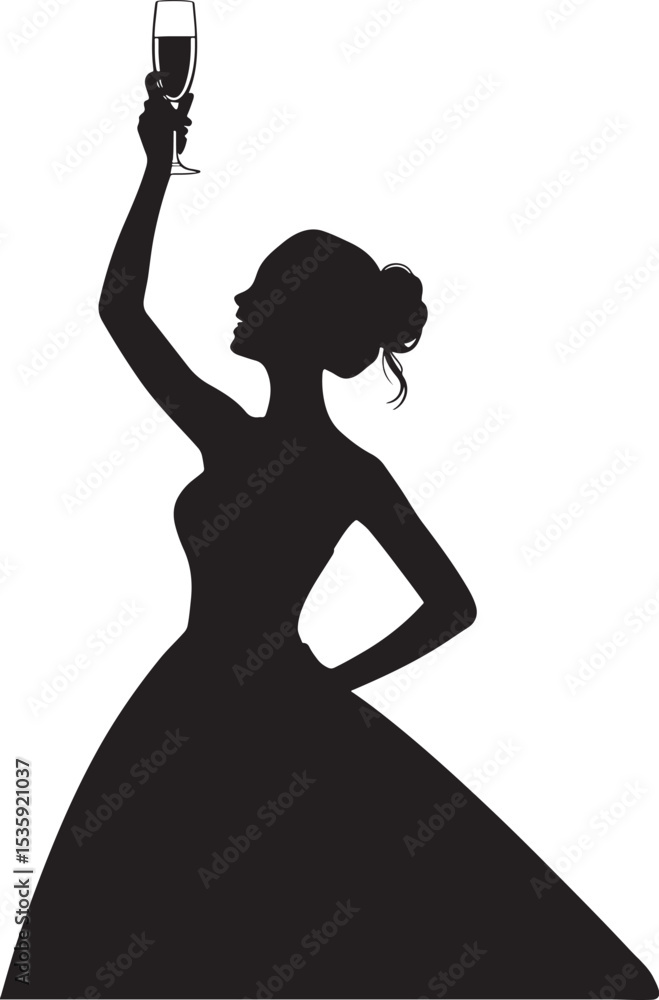 Fototapeta premium Elegant woman silhouetted raising champagne glass celebrating an occasion in black and white