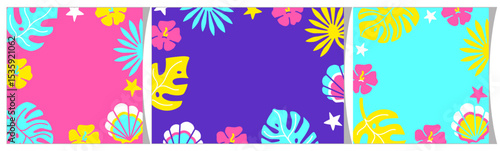 Bright tropical background with florals and copy space for greeting or text. Modern exotic Hawaiian vector templates for cards, invitations banners and posters