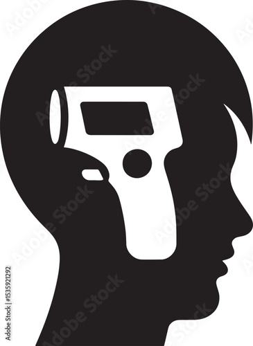 Silhouette illustration of head symbolizing temperature check with a forehead infrared thermometer