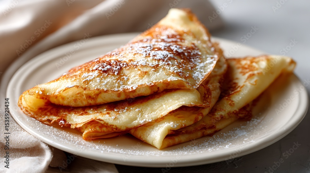 Stack of Golden Crepes Dusting with Powdered Sugar on a White Plate Stack of Golden Crepes Dusting with Powdered Sugar on a White Plate
