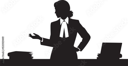 Silhouette of a female lawyer presenting with books and a laptop at a desk