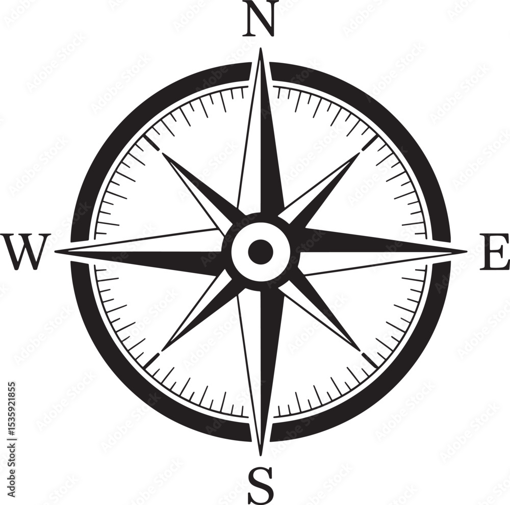 Vector illustration of a black and white compass showing north south east and west directions Vector illustration of a black and white compass showing north south east and west directions