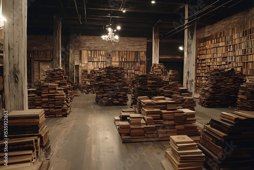 Wallpaper Mural Vast, dimly lit warehouse filled with towering stacks of antique books, a labyrinthine archive preserving centuries of forgotten wisdom and historical narratives Torontodigital.ca