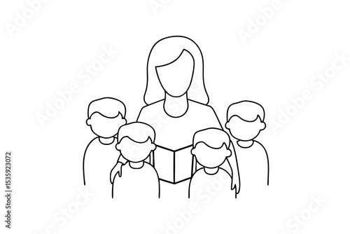 Teacher reading to children continuous line art illustration