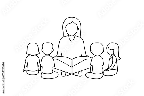 Teacher reading book to children continuous-line drawing
