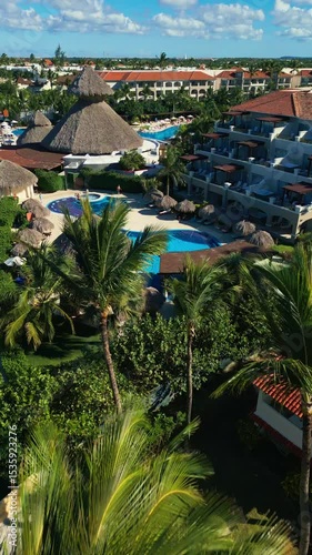Flight over the all-inclusive beach resort territory in tropical Punta Cana