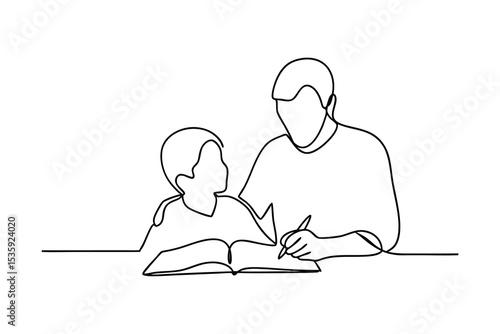 Continuous-line drawing father helping son with homework
