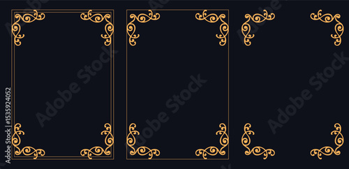 Set of modern magic witchcraft astrology frames with Four Elements, Corner frame, Black art deco frames. Decorative frame set. Vector vintage frames on gold