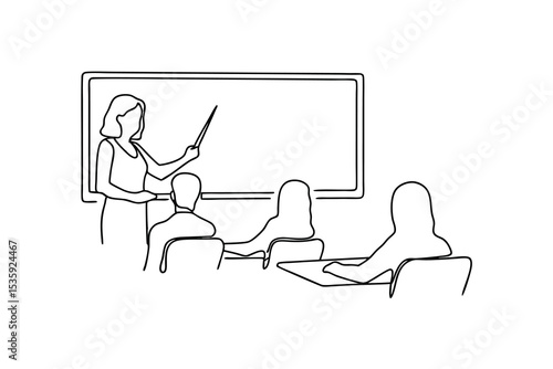 Teacher giving presentation to students continuous-line drawing