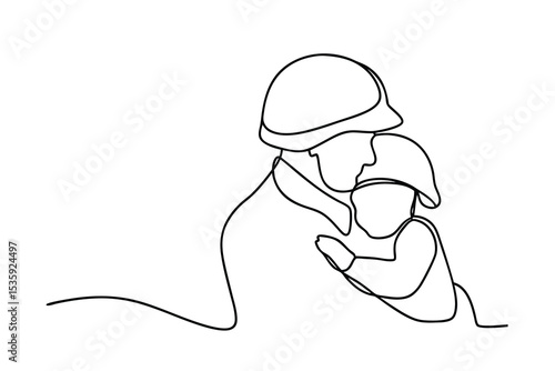Soldier father embracing child continuous-line drawing