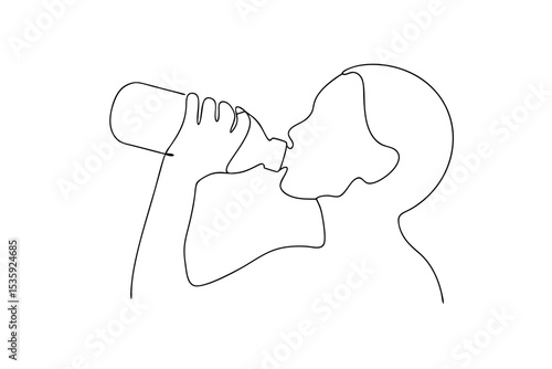 Person drinking water from bottle continuous line art minimalist illustration