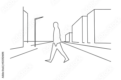 Single person walking city street continuous line drawing minimalist art