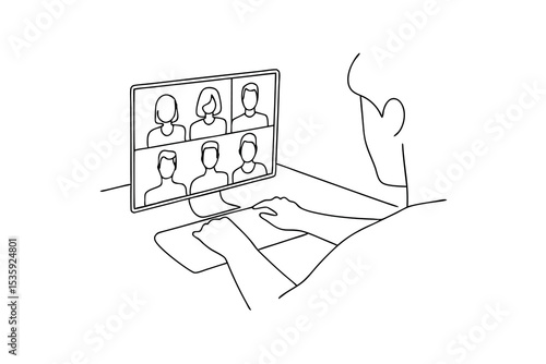 Person in video conference meeting using computer continous-line drawing