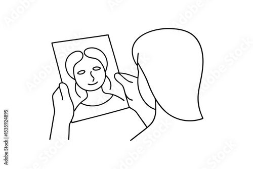 Woman looking at a picture of herself continuous line drawing
