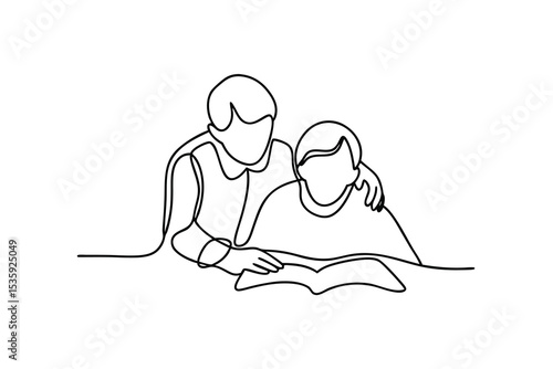 Continuous-line drawing of two people reading a book together
