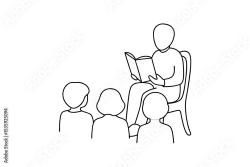 Adult reading book to children continuous-line drawing illustration