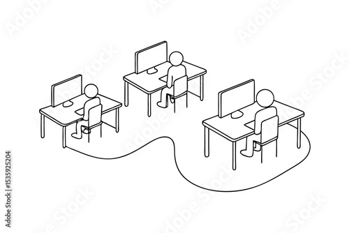 Three people working at computers connected by a continous-line
