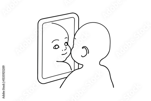 Baby kissing reflection in mirror continuous line art