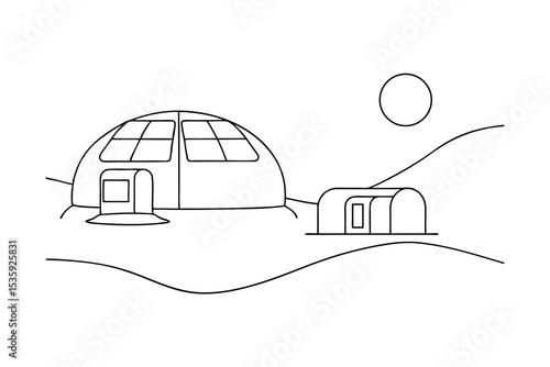 Futuristic dome home solar panels continuous-line drawing