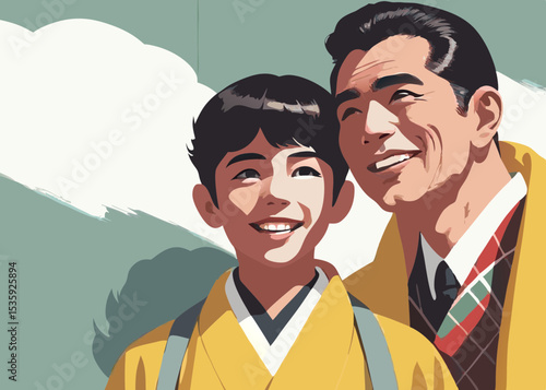 Father and son smiling together, in vintage style, with copy space