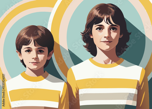 Two siblings posing together, illustrated in a retro style, with yellow and teal tones, for website banners