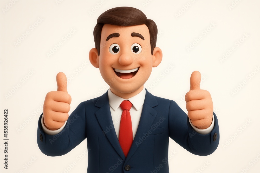 Happy 3D Cartoon Character Showing Thumbs Up with Positive Success Gesture and Friendly Smile Happy 3D Cartoon Character Showing Thumbs Up with Positive Success Gesture and Friendly Smile
