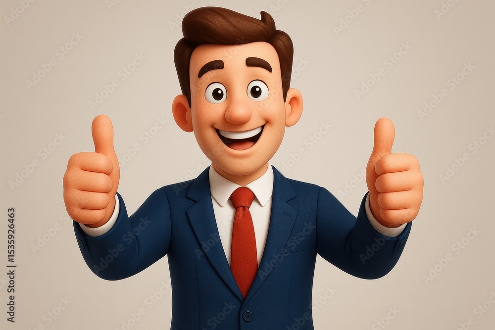 Happy 3D Cartoon Character Showing Thumbs Up with Positive Success Gesture and Friendly Smile Happy 3D Cartoon Character Showing Thumbs Up with Positive Success Gesture and Friendly Smile