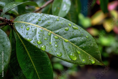 Macro shot of glistening dew drops atop a vibrant green leaf in a garden.