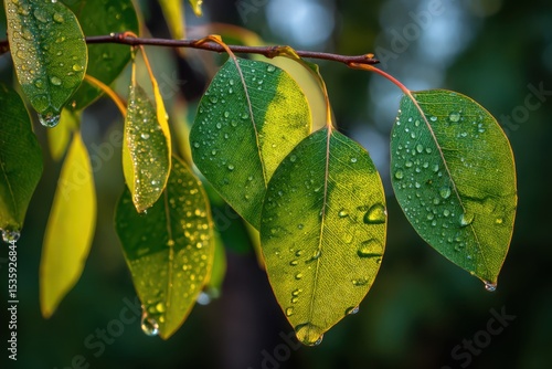 An image showcasing a close-up of a green leaf adorned with shimmering dew drops, set against a blurred natural backdrop.