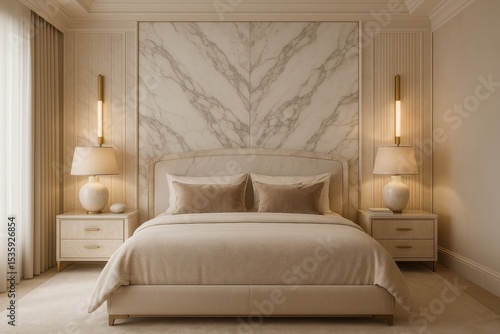 Luxurious Beige Bedroom with Marble Design and Sophisticated Interior Styling