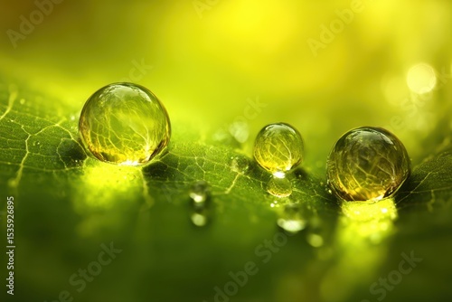 A close-up view of dew drops on a vibrant green leaf in a garden.