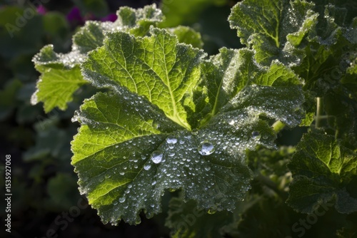 Dew drops gather on a green leaf in a garden. The main subject of the image is highlighted against a blurred natural background.