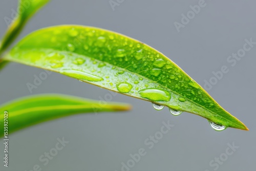 Close-up of dew drops on a vibrant green leaf in a garden, showcasing intricate details of nature through macro photography.