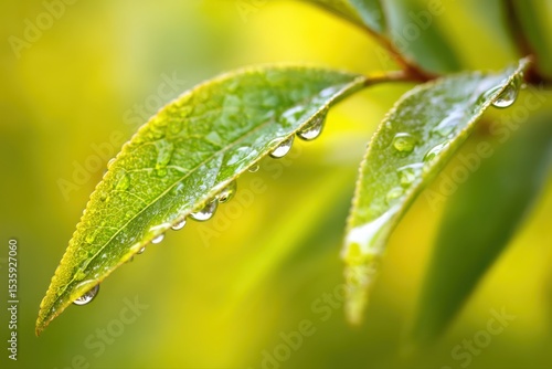 Macro shot of transparent dew drops on a vibrant green leaf in a garden. Nature close-up with intricate patterns and textures.