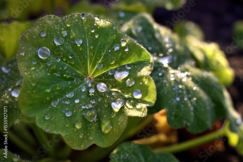 Dew drops glisten on a vibrant green leaf in a garden setting. Close-up view showcases nature's delicate beauty.