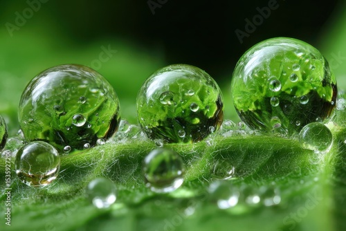 A close-up shot of a vibrant green leaf covered in sparkling dew drops in a garden.