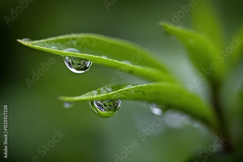 Macro shot of dew drops on a green leaf in a garden. Nature photography showcasing water droplets on a vibrant leaf in close-up detail.