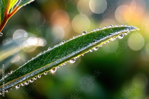 A close-up view of transparent dew drops on a vibrant green leaf surface. Each droplet reflects light, creating a mesmerizing natural pattern.