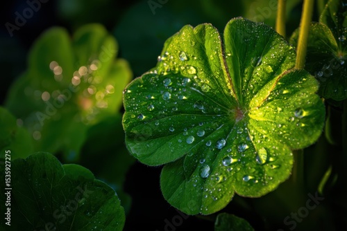 A macro shot of dew drops on a vibrant green leaf, captured in a garden setting.