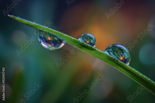A macro close-up of dew drops glittering on a green leaf in a garden setting.