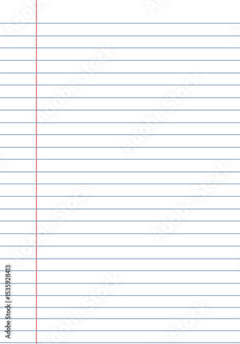 Notebook paper background from notebook wide lined sheet of paper with red margin. Vector