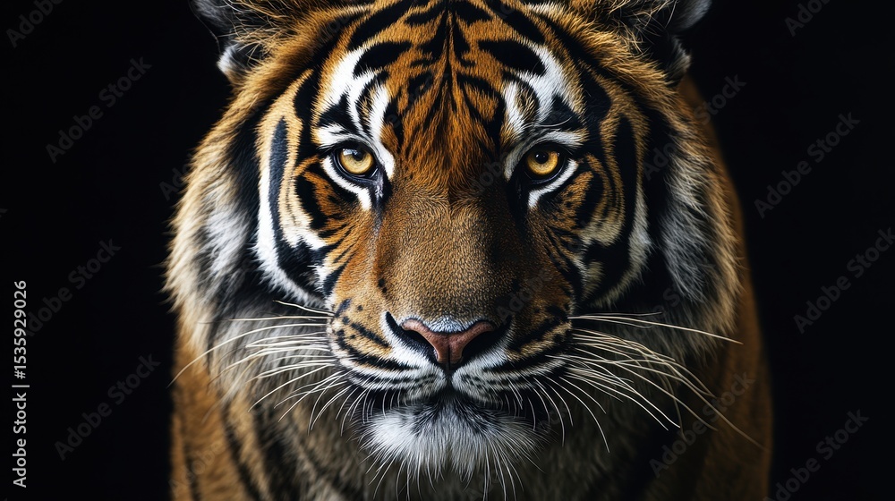 Fototapeta premium Intense gaze of a Bengal tiger captured in ultra realistic detail against a black studio backdrop highlighting dramatic shadows and striking features