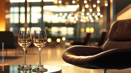 Elegant airport lounge interior showcasing premium seating and exquisite wine glasses, designed for ultimate relaxation and luxury travel experience