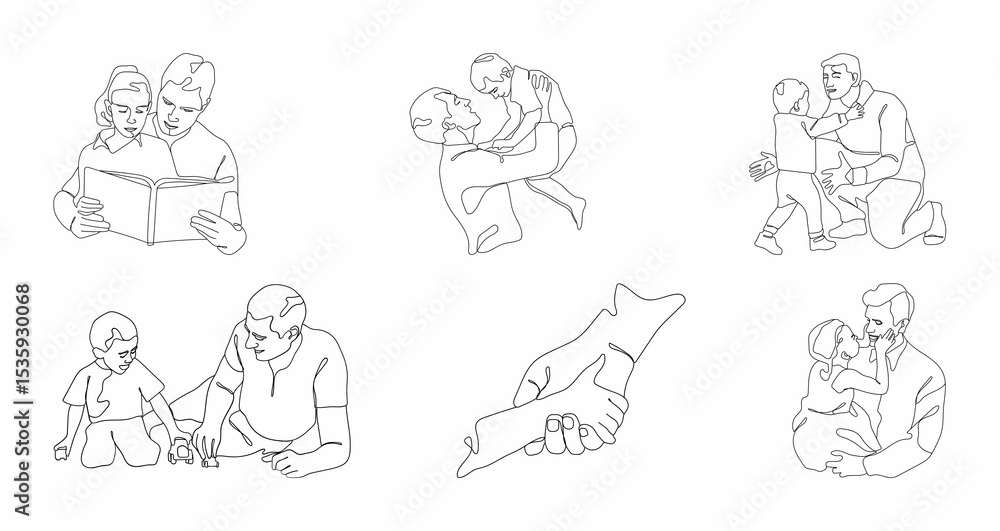 Line art illustrations showcasing various tender moments between fathers and their children, from reading to playing. Line art illustrations showcasing various tender moments between fathers and their children, from reading to playing.